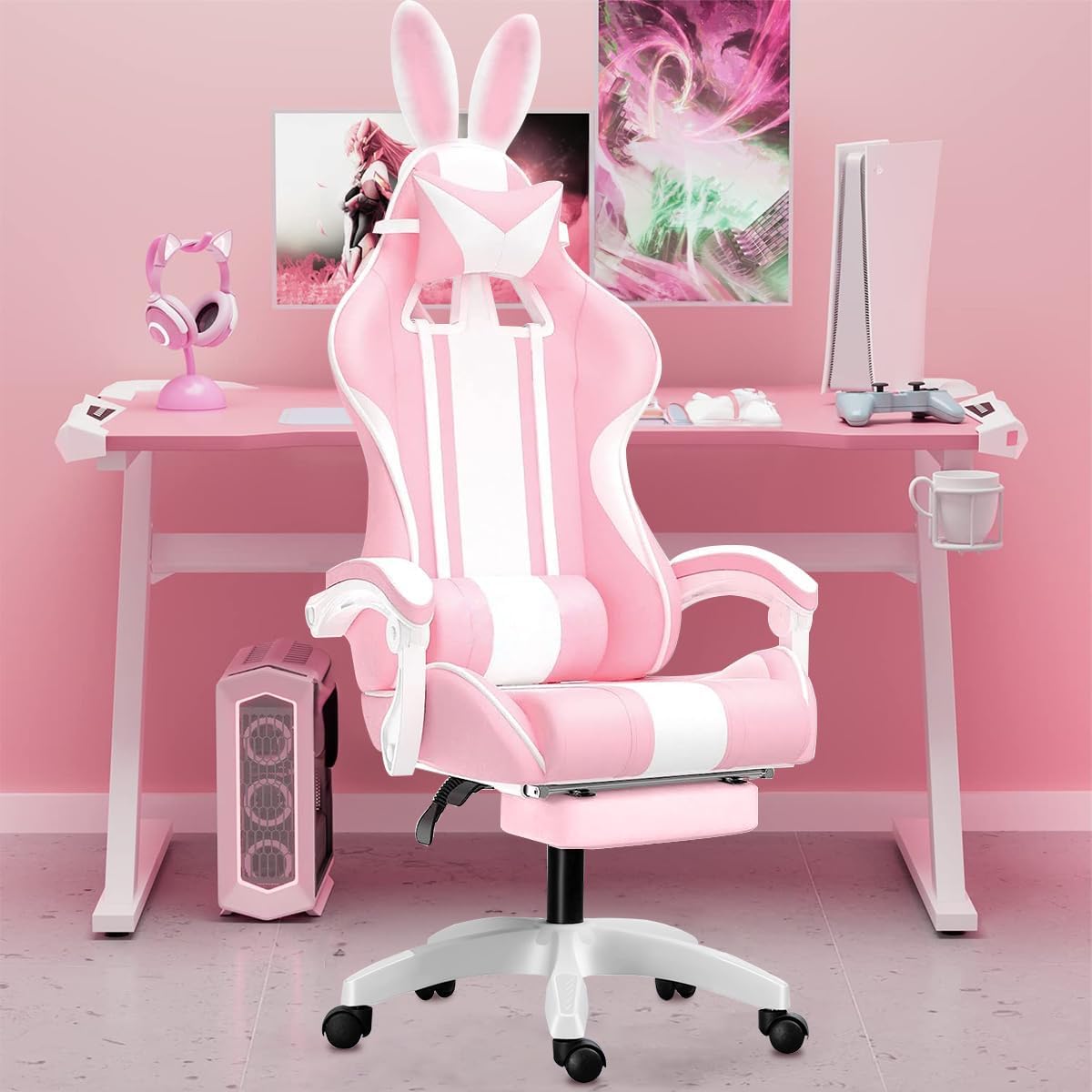 Cadeira gamer com orelhas de coelho rosa